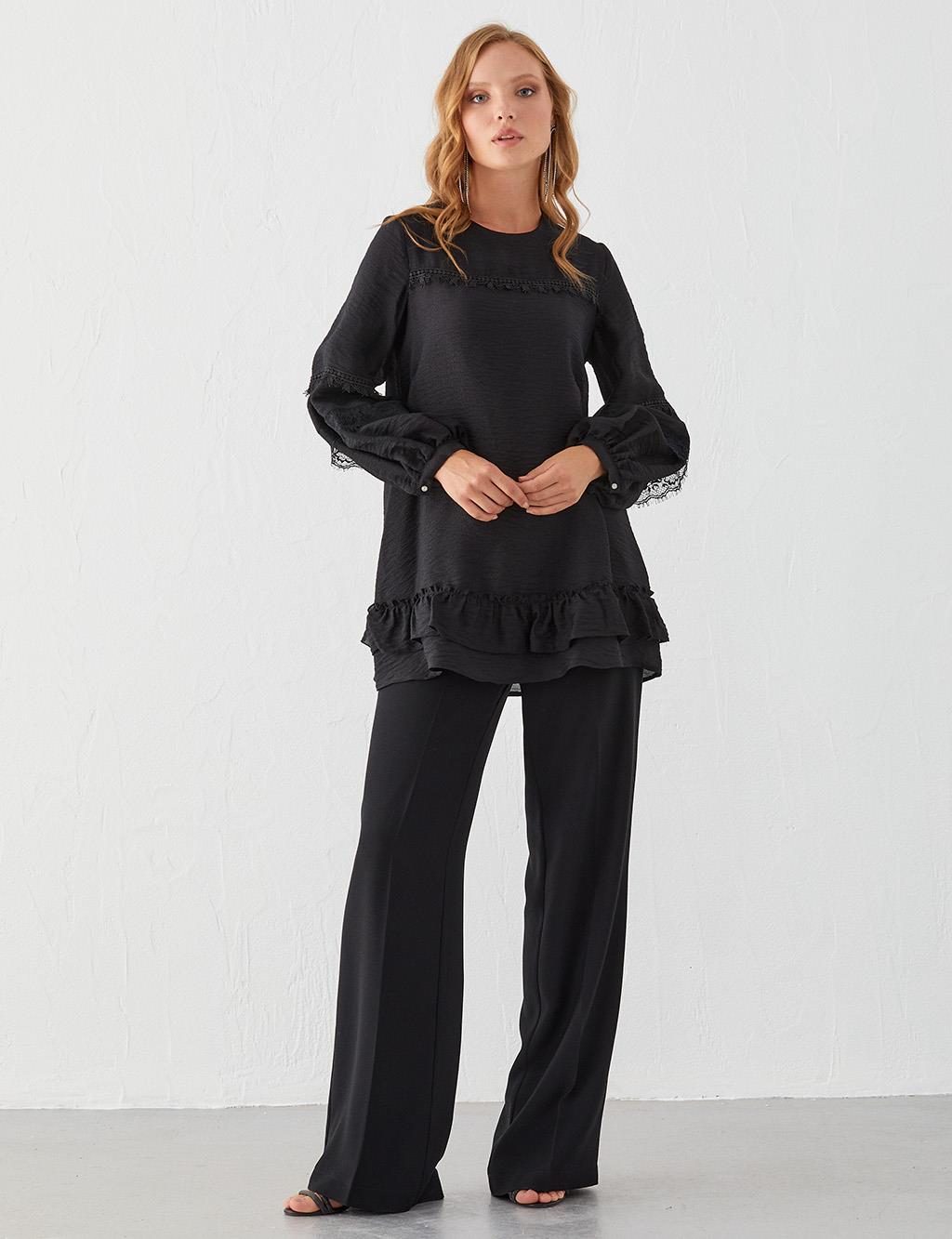 Ribbon Lace Round Neck Collar Tunic Black