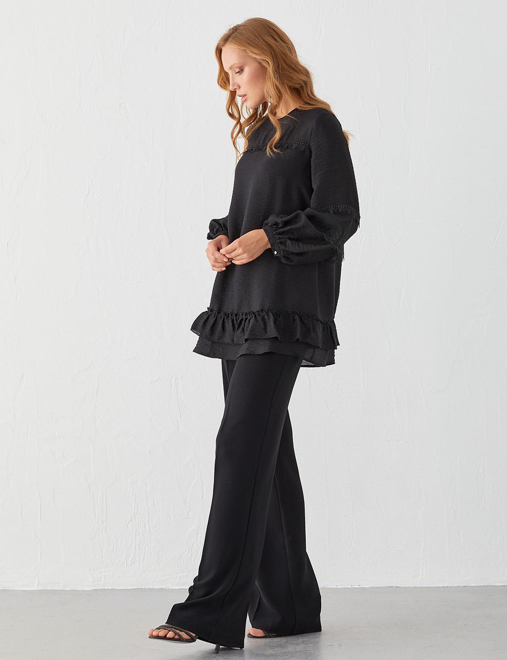 Ribbon Lace Round Neck Collar Tunic Black