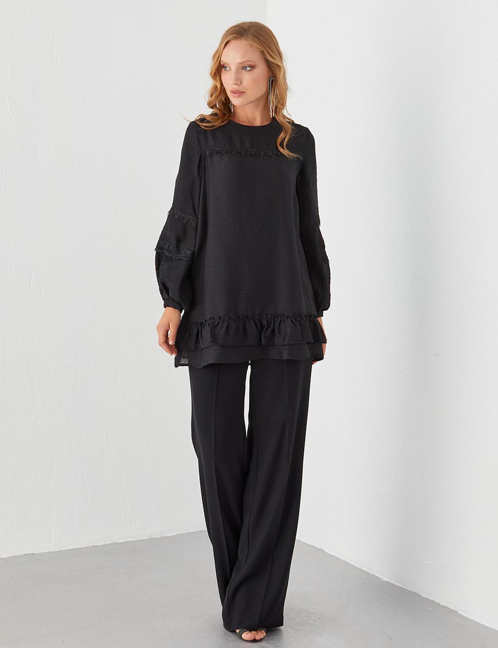 Ribbon Lace Round Neck Collar Tunic Black