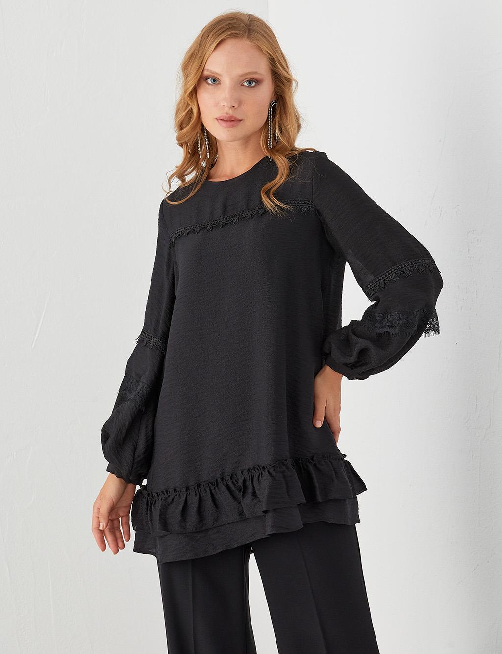 Ribbon Lace Round Neck Collar Tunic Black