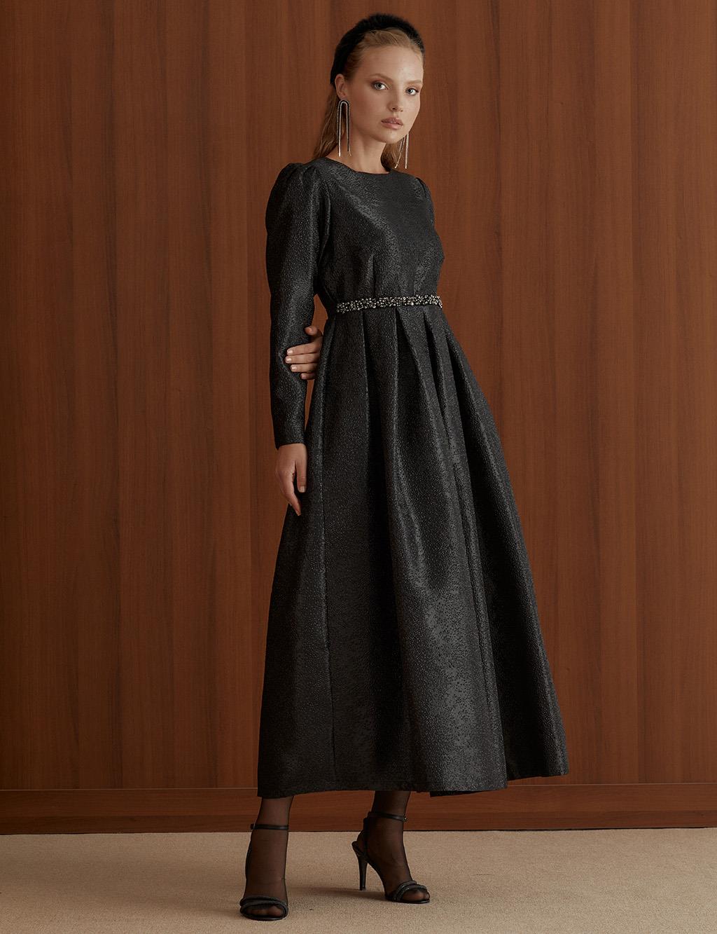 Embossed Wide Pleated Long Dress Black