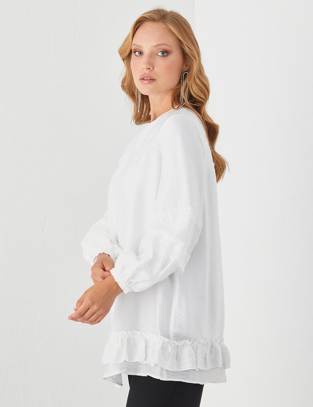 Ribbon Lace Round Neck Collar Tunic Ecru