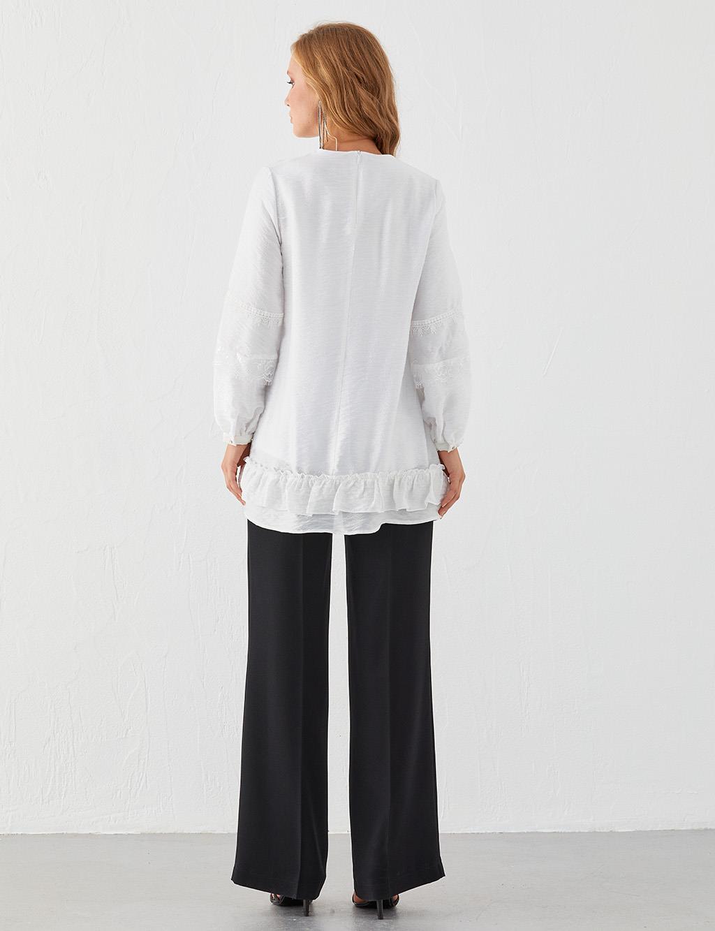 Ribbon Lace Round Neck Collar Tunic Ecru