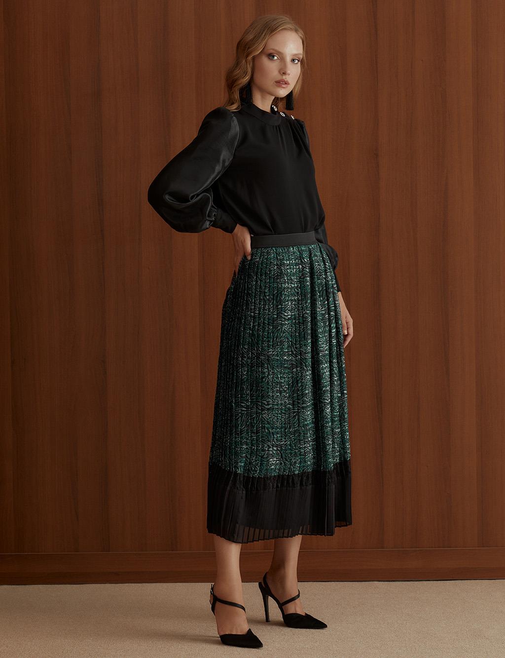 Animal Print Pleated Skirt Emerald-Black