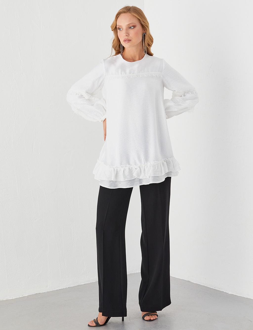 Ribbon Lace Round Neck Collar Tunic Ecru