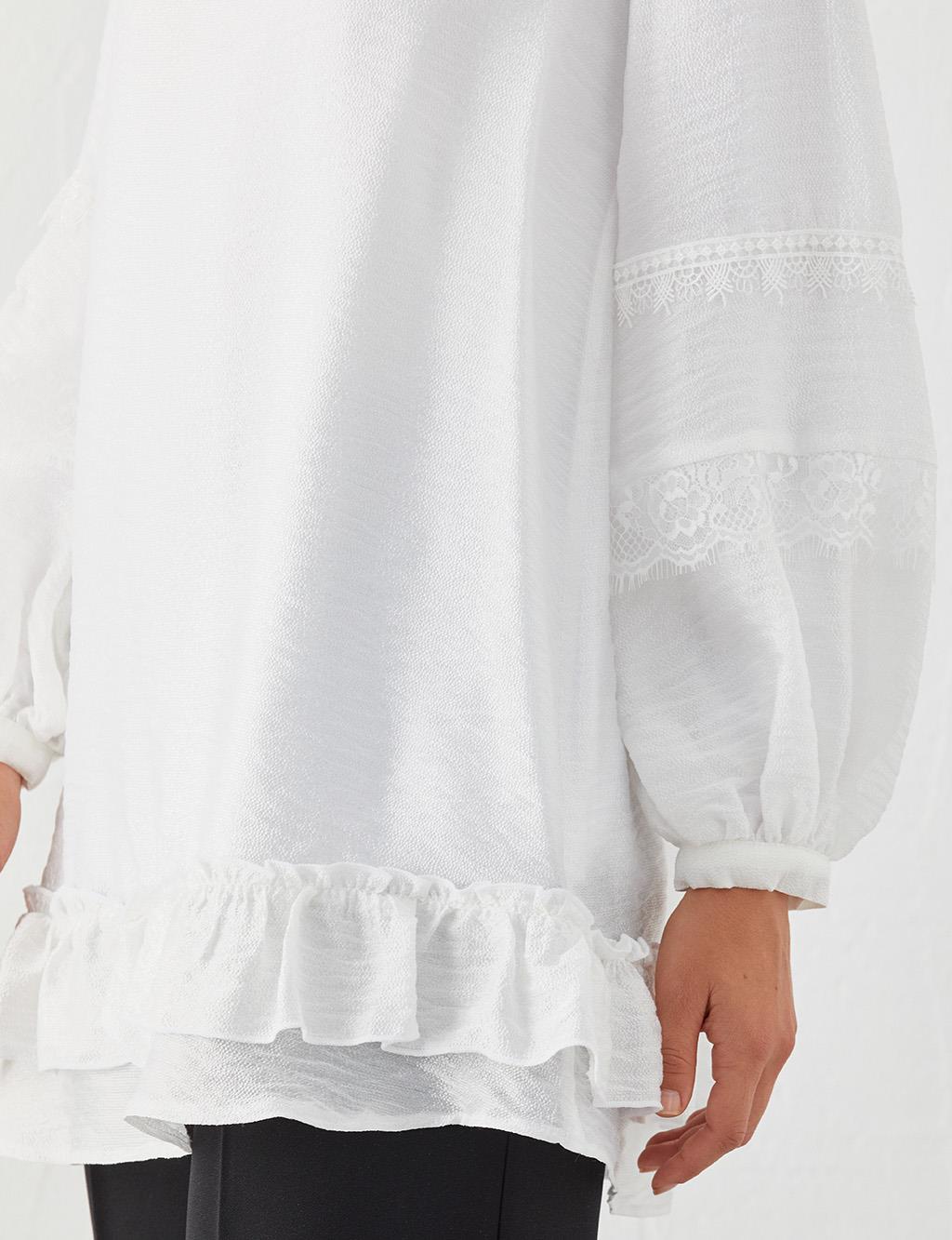 Ribbon Lace Round Neck Collar Tunic Ecru