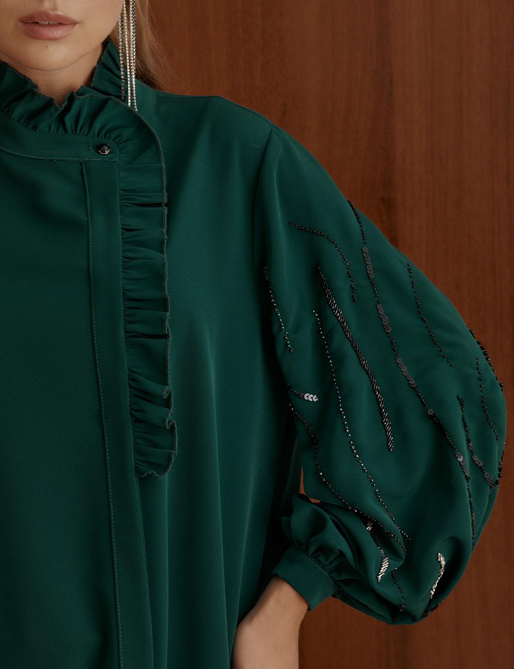Bead Embroidered Ruffle Collar Tunic Emerald