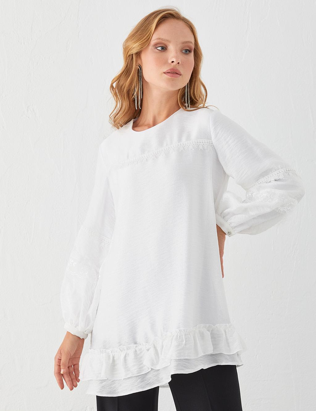 Ribbon Lace Round Neck Collar Tunic Ecru
