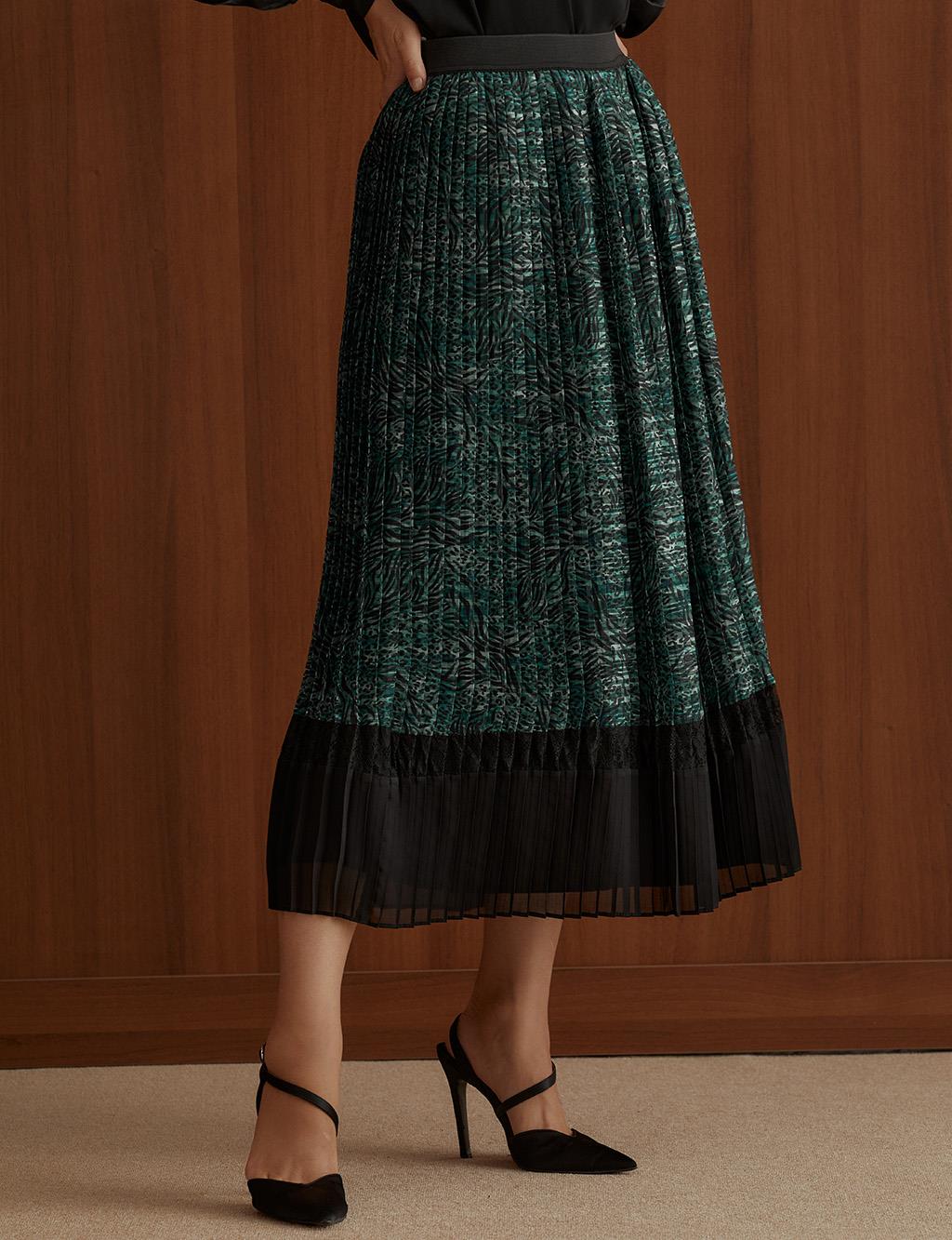 Animal Print Pleated Skirt Emerald-Black