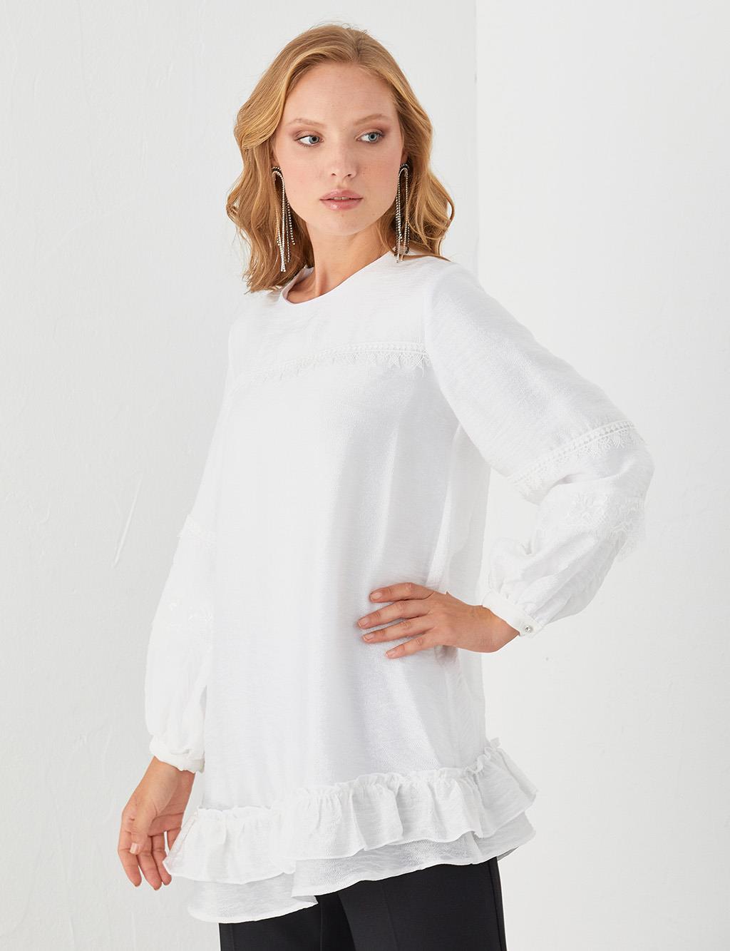 Ribbon Lace Round Neck Collar Tunic Ecru