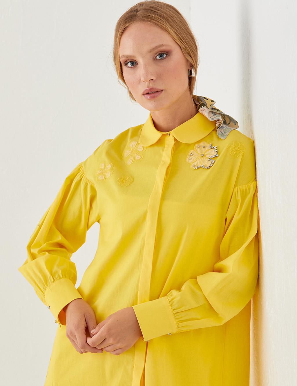 Stone Embellished Floral Embroidered Tunic Yellow