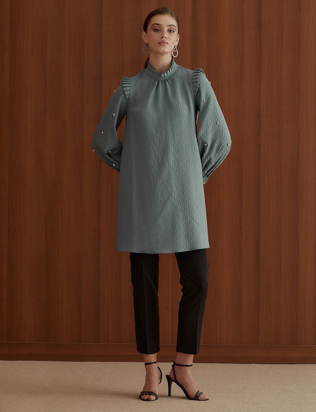 Collar and Shoulder Pleated Tunic Teal