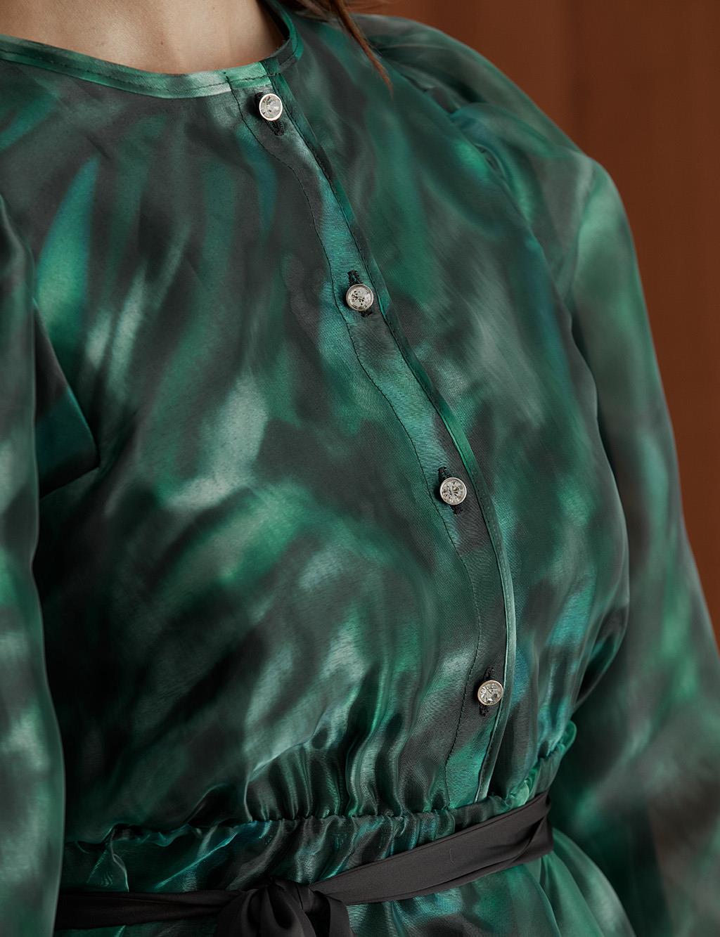 Round Neck Collar Chiffon Blouse Emerald
