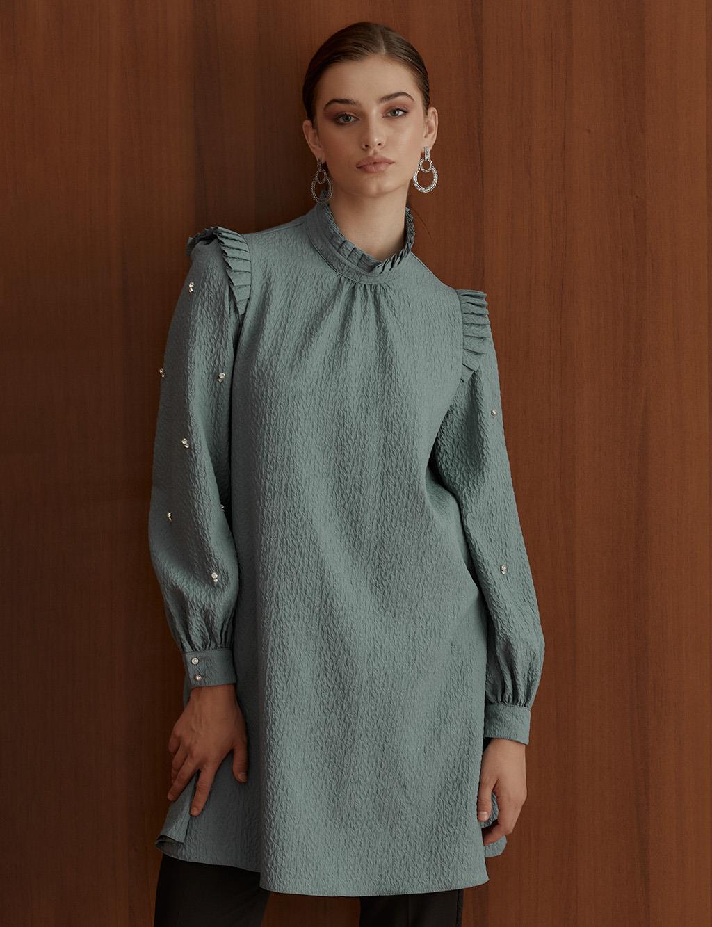 Collar and Shoulder Pleated Tunic Teal