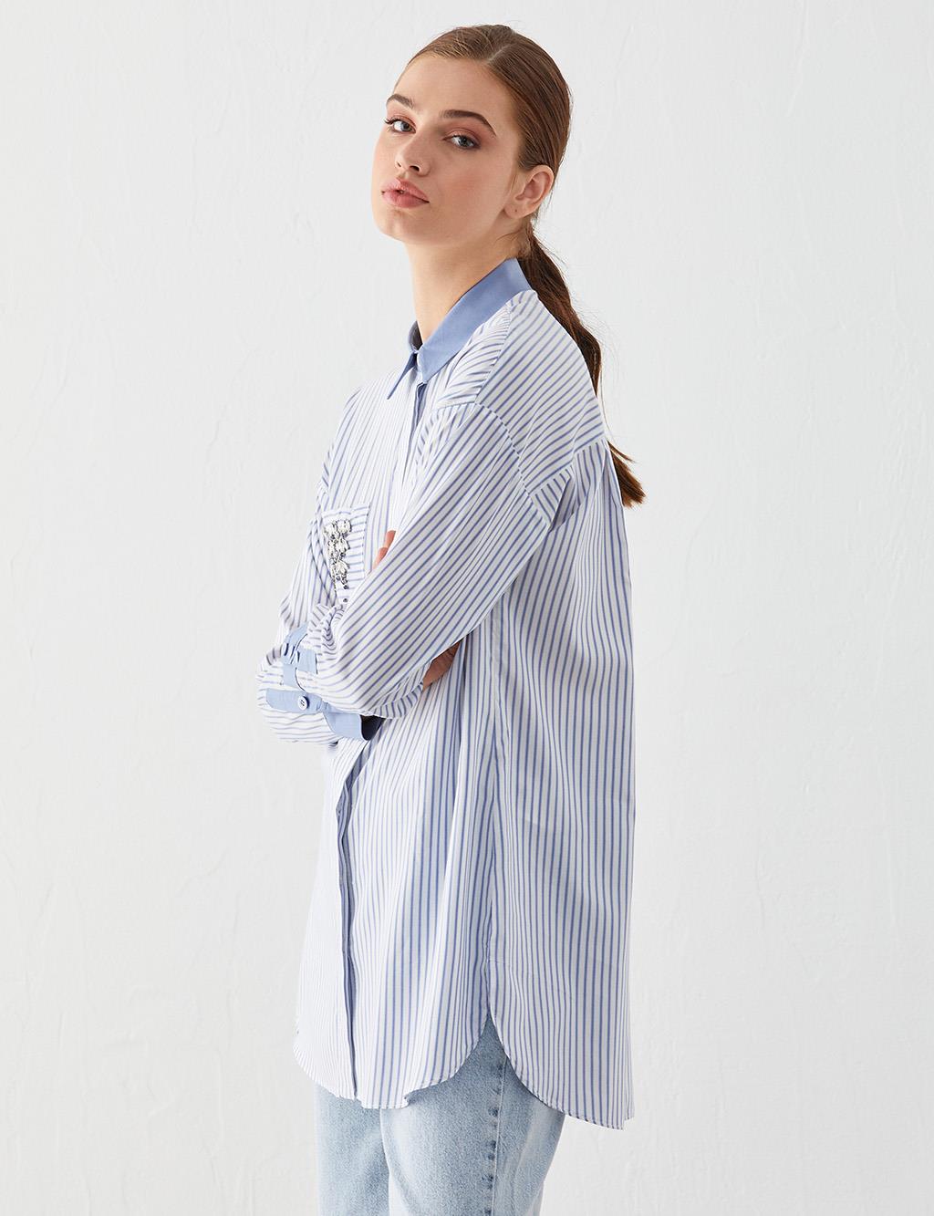 Pocket Stone Embroidered Striped Tunic Blue