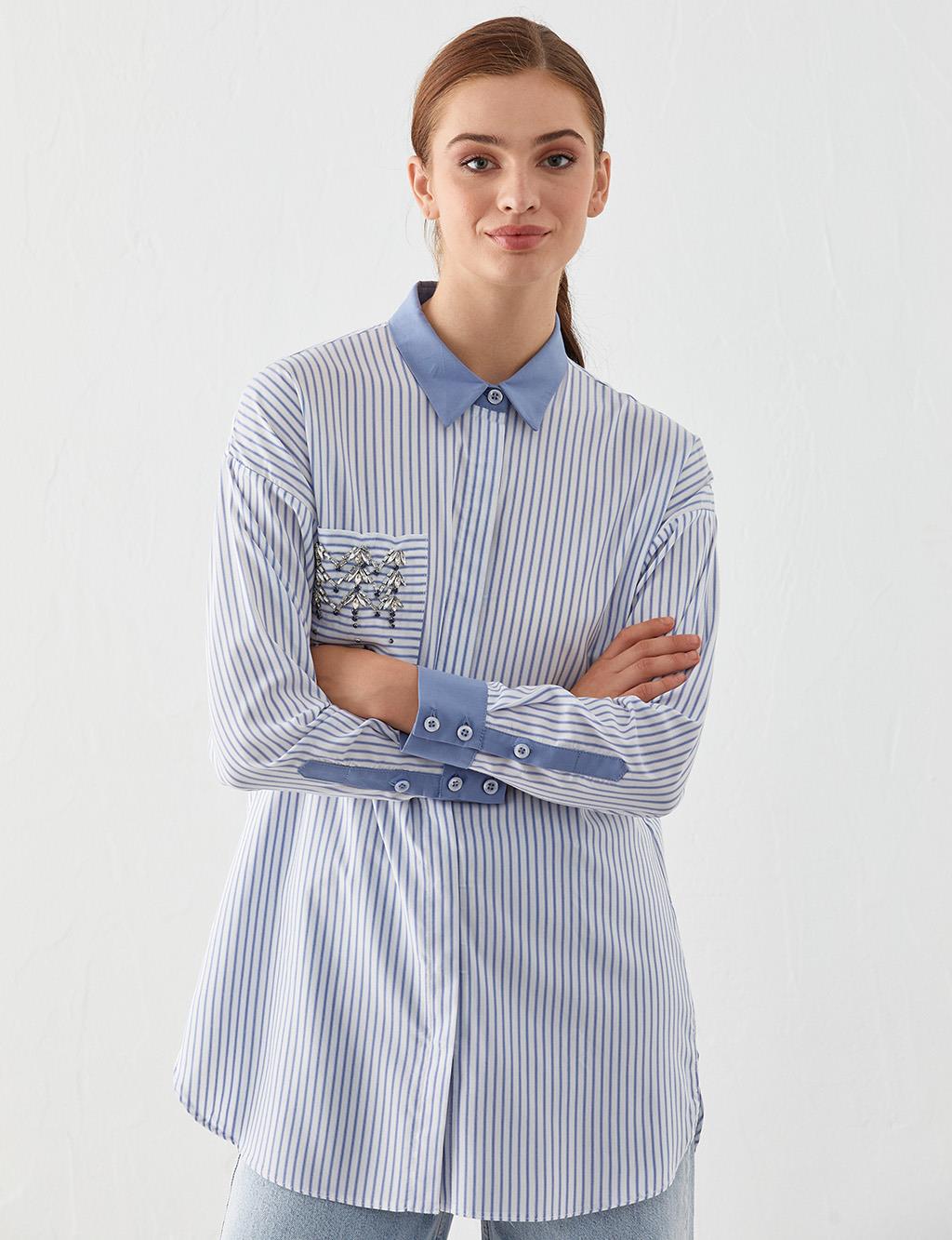 Pocket Stone Embroidered Striped Tunic Blue