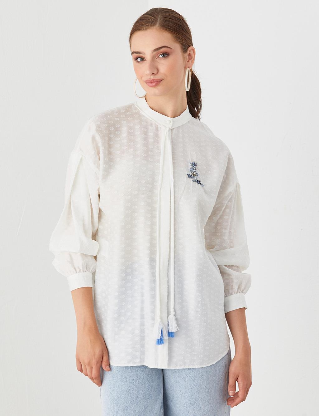 Stone Embroidered Embossed Tunic White