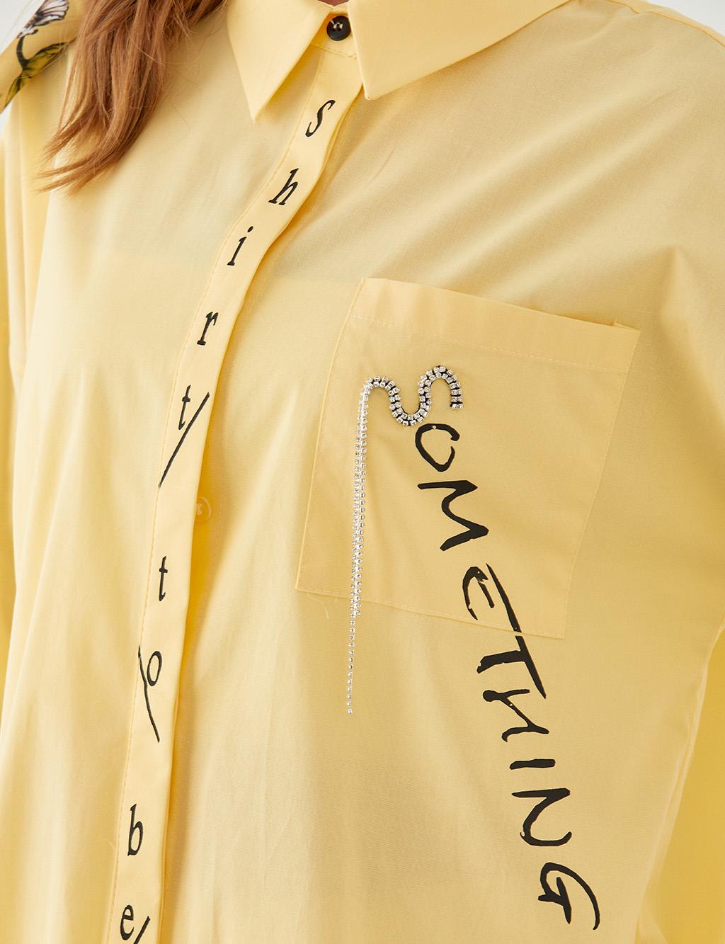 Slogan Printed Poplin Shirt Light Yellow