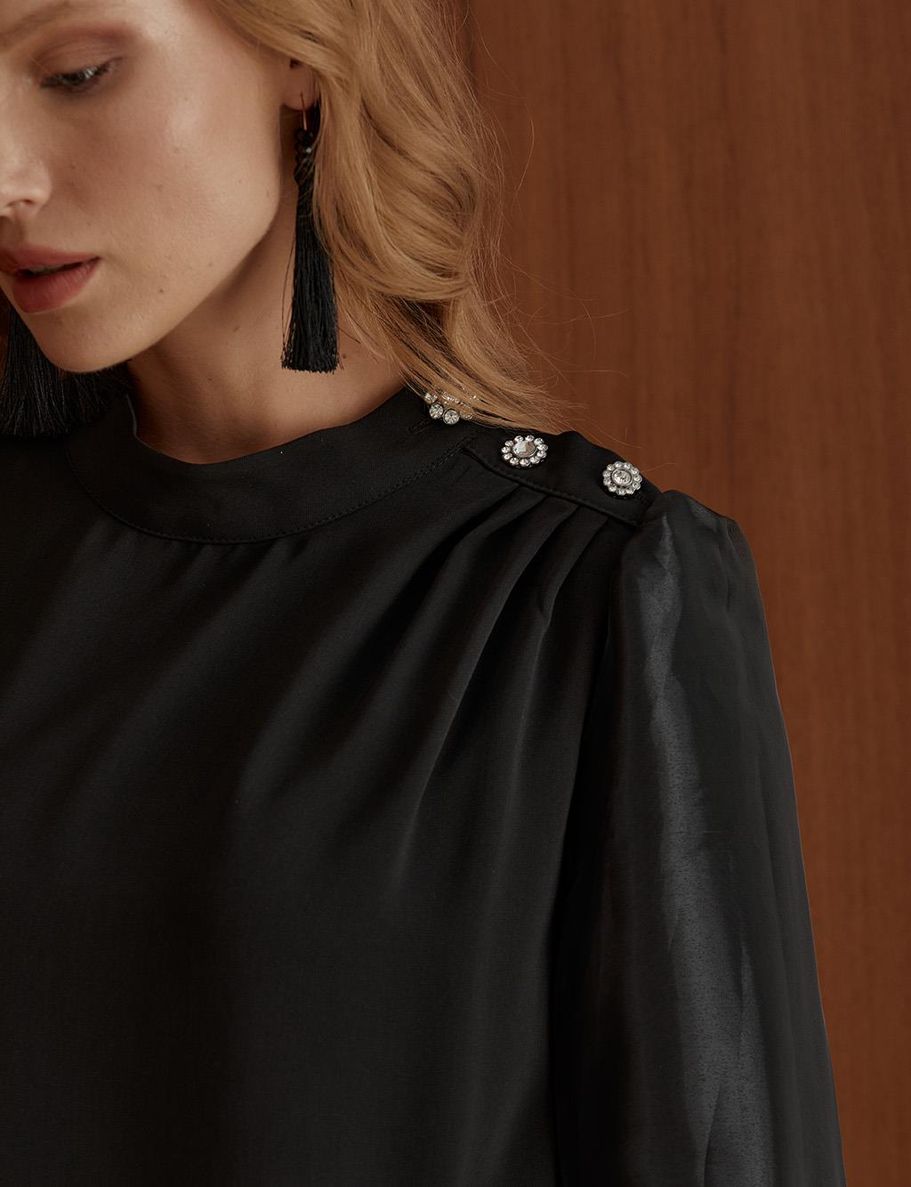 Buttoned Shoulder Balloon Sleeve Blouse Black