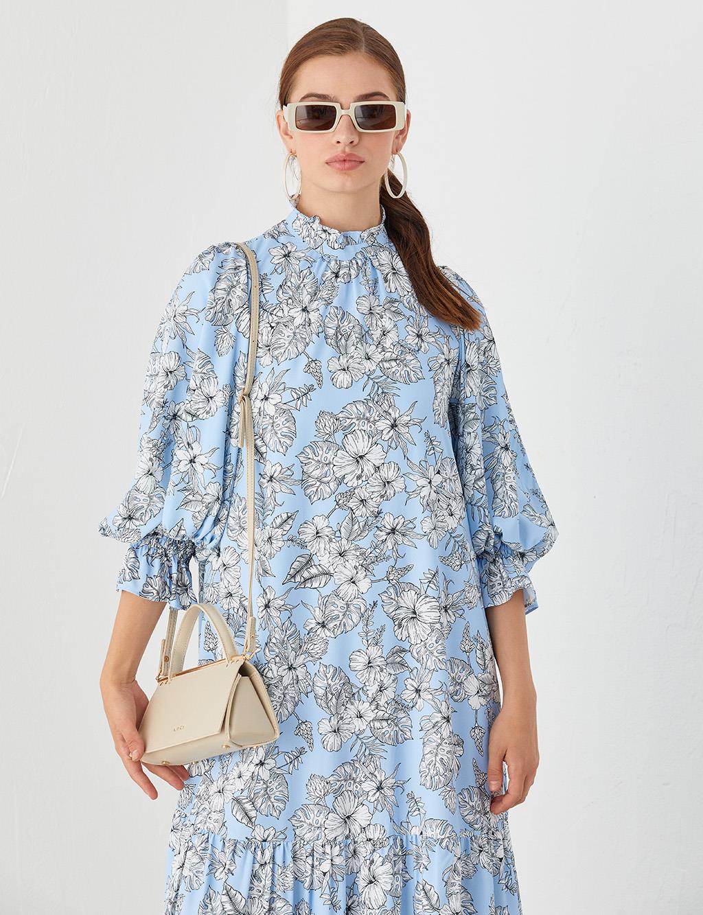 Fırfır Yakalı Floral Desenli Elbise Mavi-Beyaz