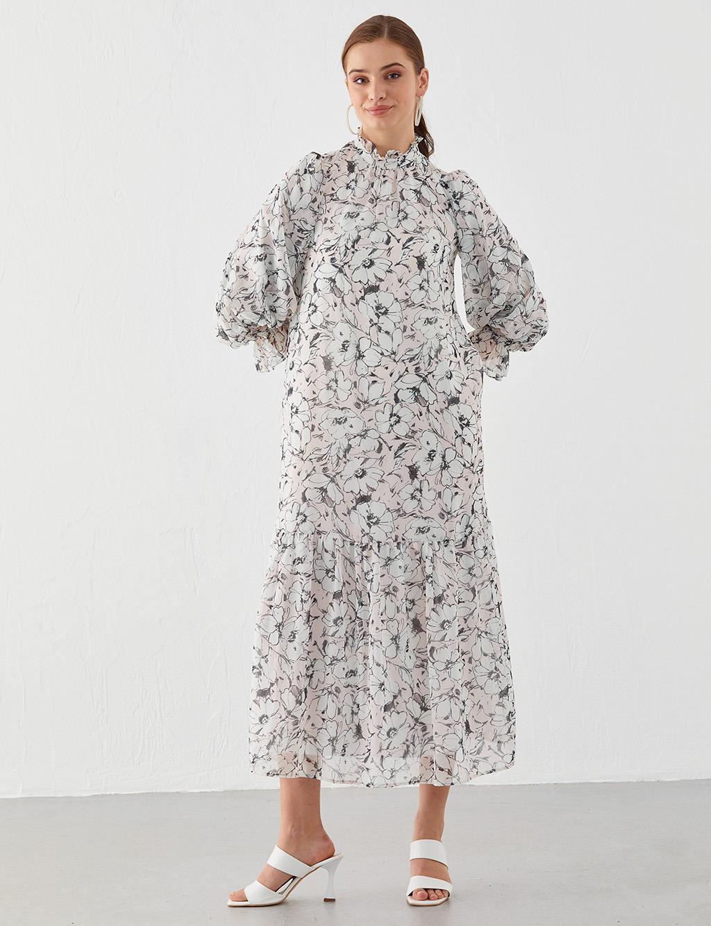 Fırfır Yakalı Floral Desenli Elbise Pudra