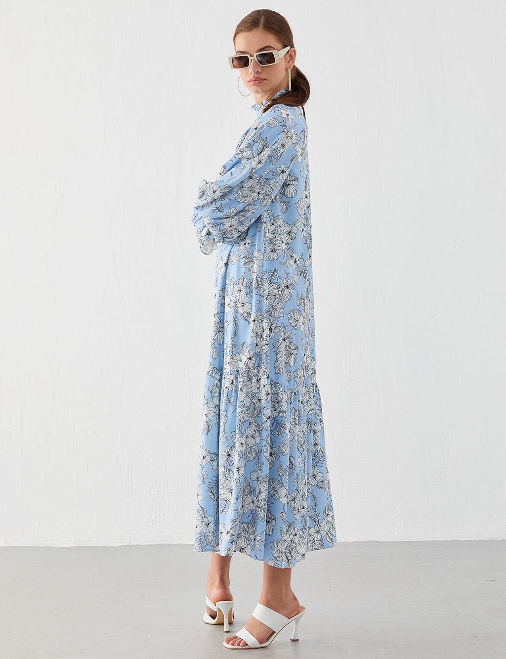 Fırfır Yakalı Floral Desenli Elbise Mavi-Beyaz