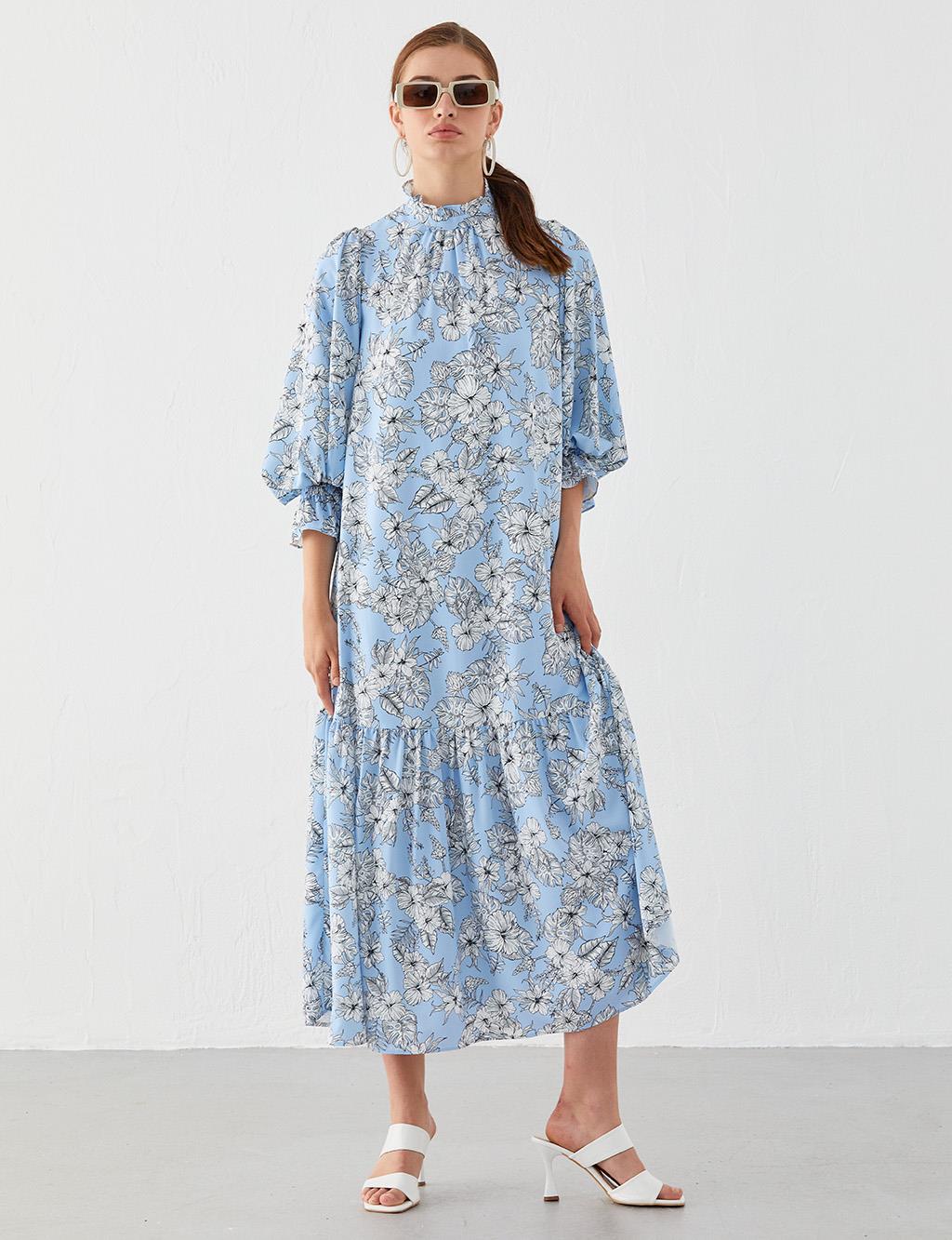 Fırfır Yakalı Floral Desenli Elbise Mavi-Beyaz