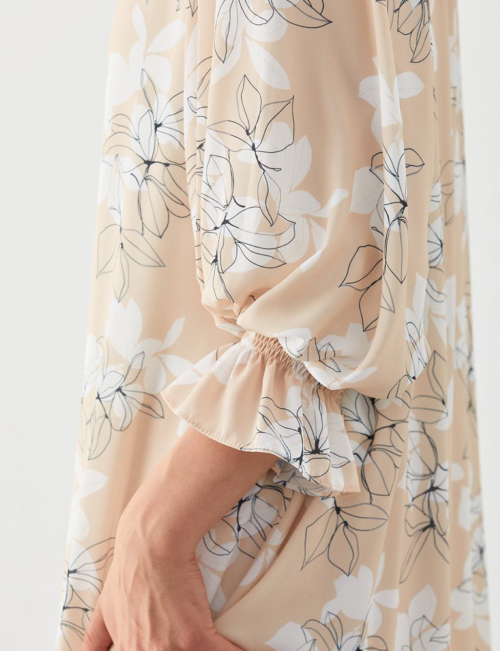 Fırfır Yakalı Floral Desenli Elbise Somon-Beyaz