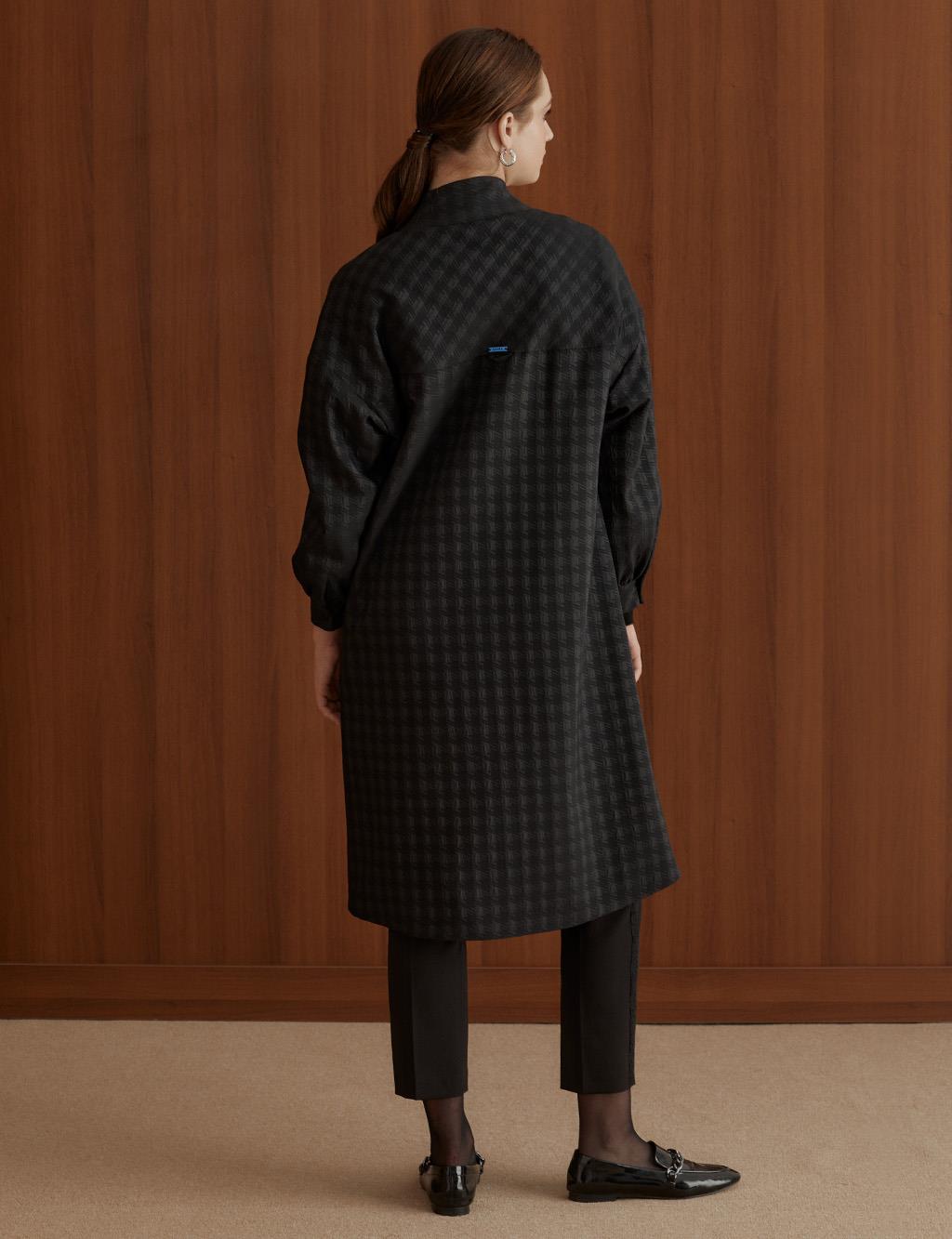 Houndstooth Patterned College Collar Trench Coat Black