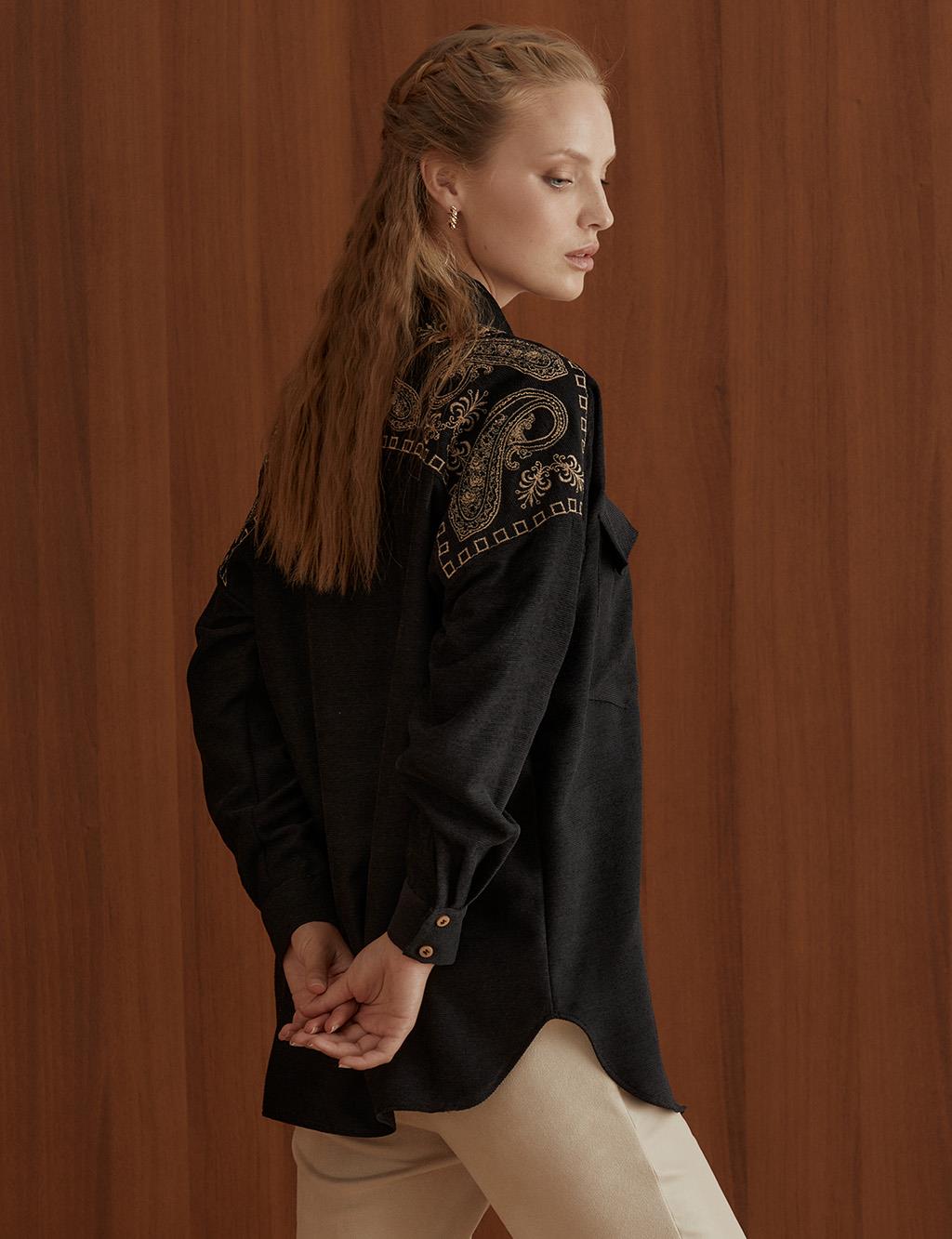 Ethnic Pattern Embroidered Chenille Tunic Black
