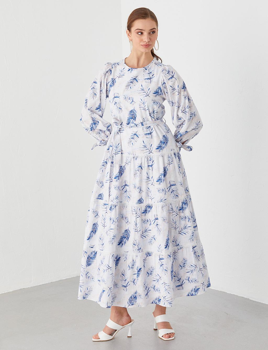 Şerit Fistolu Floral Desen Elbise Ekru-Kobalt Mavi
