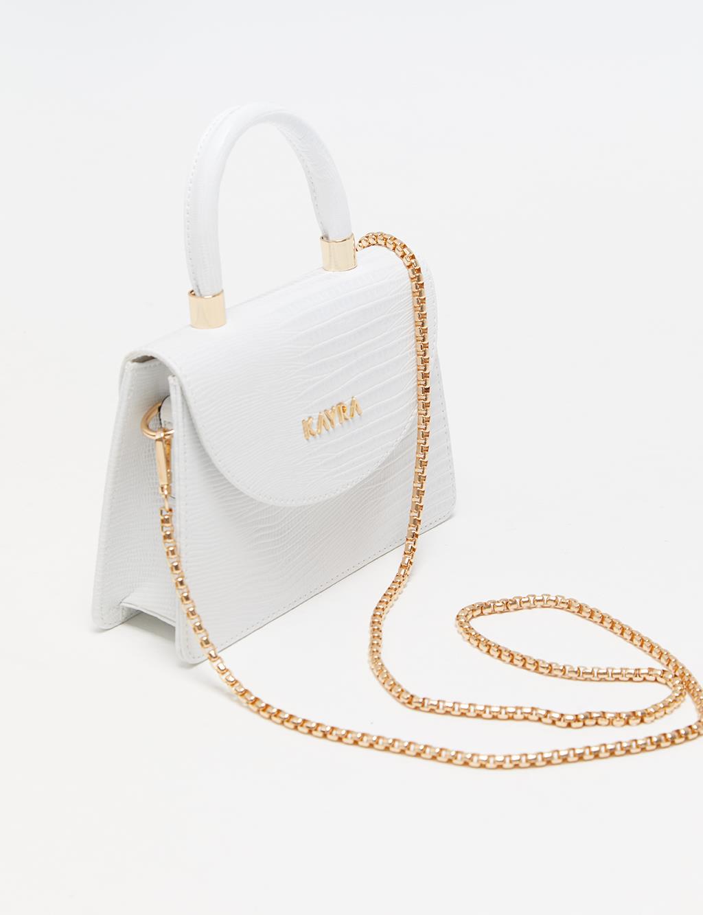 Croco Patterned Flap Bag White