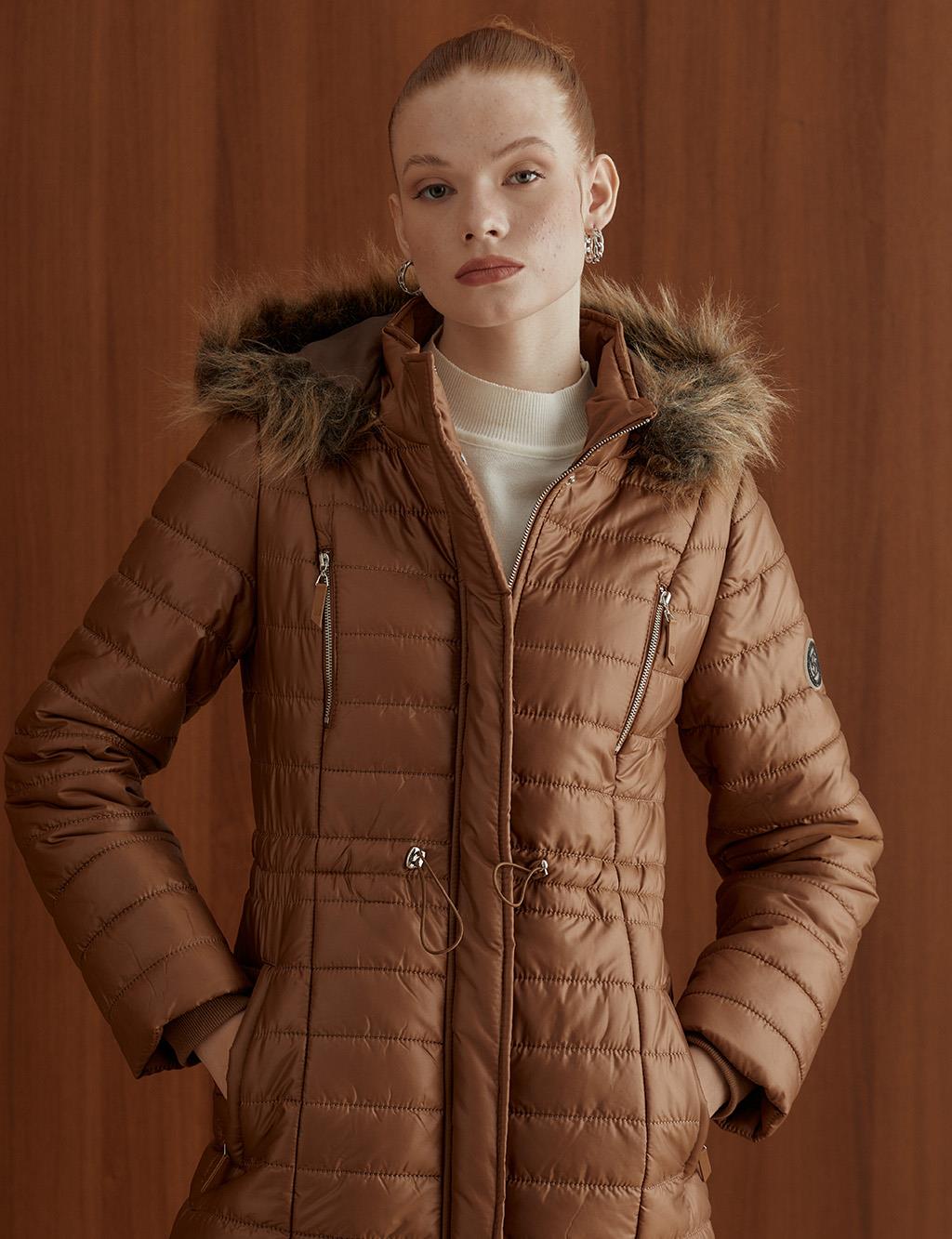 Quilted Goose Down Coat Brown