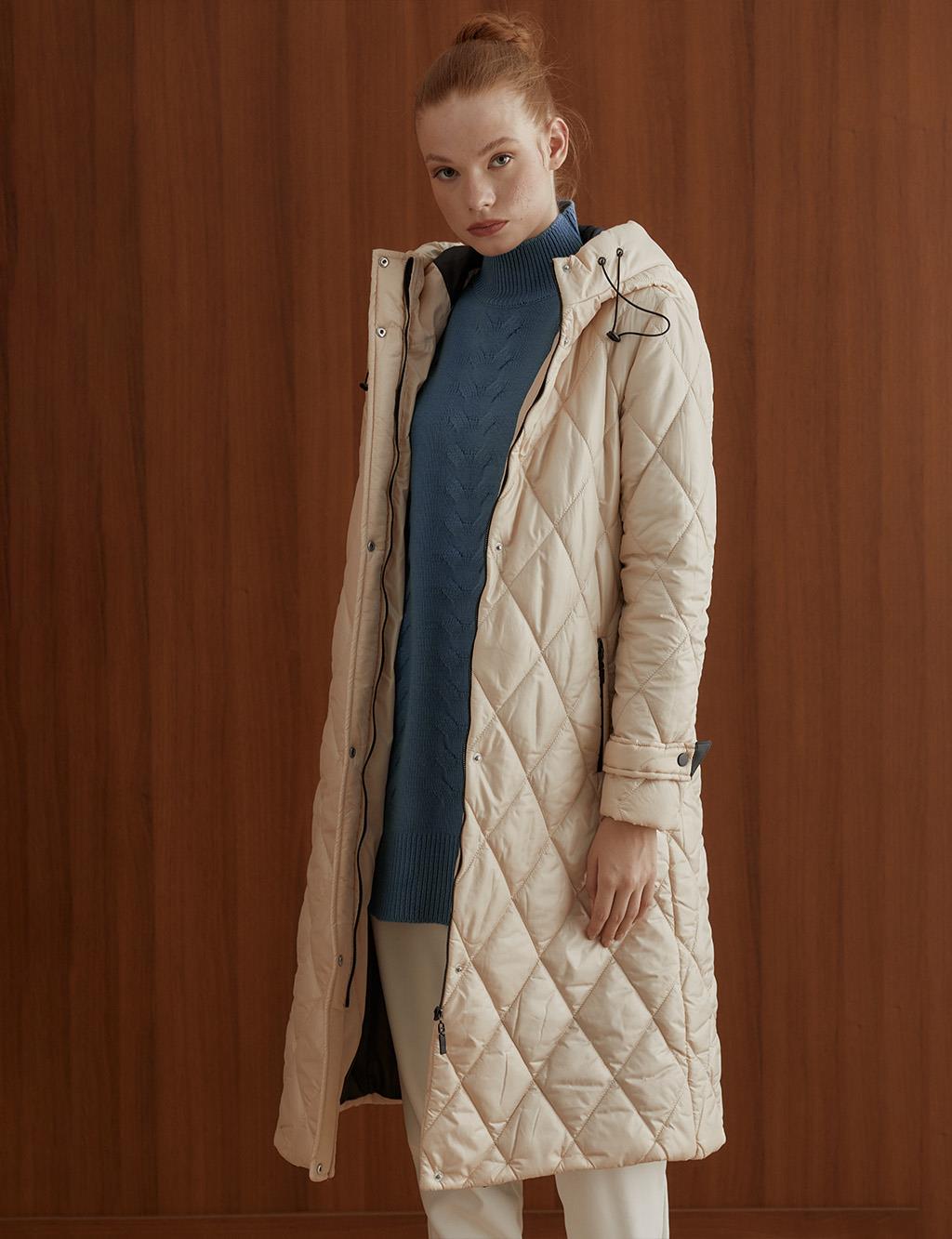 Diamond Pattern Quilted Inflatable Coat Cream