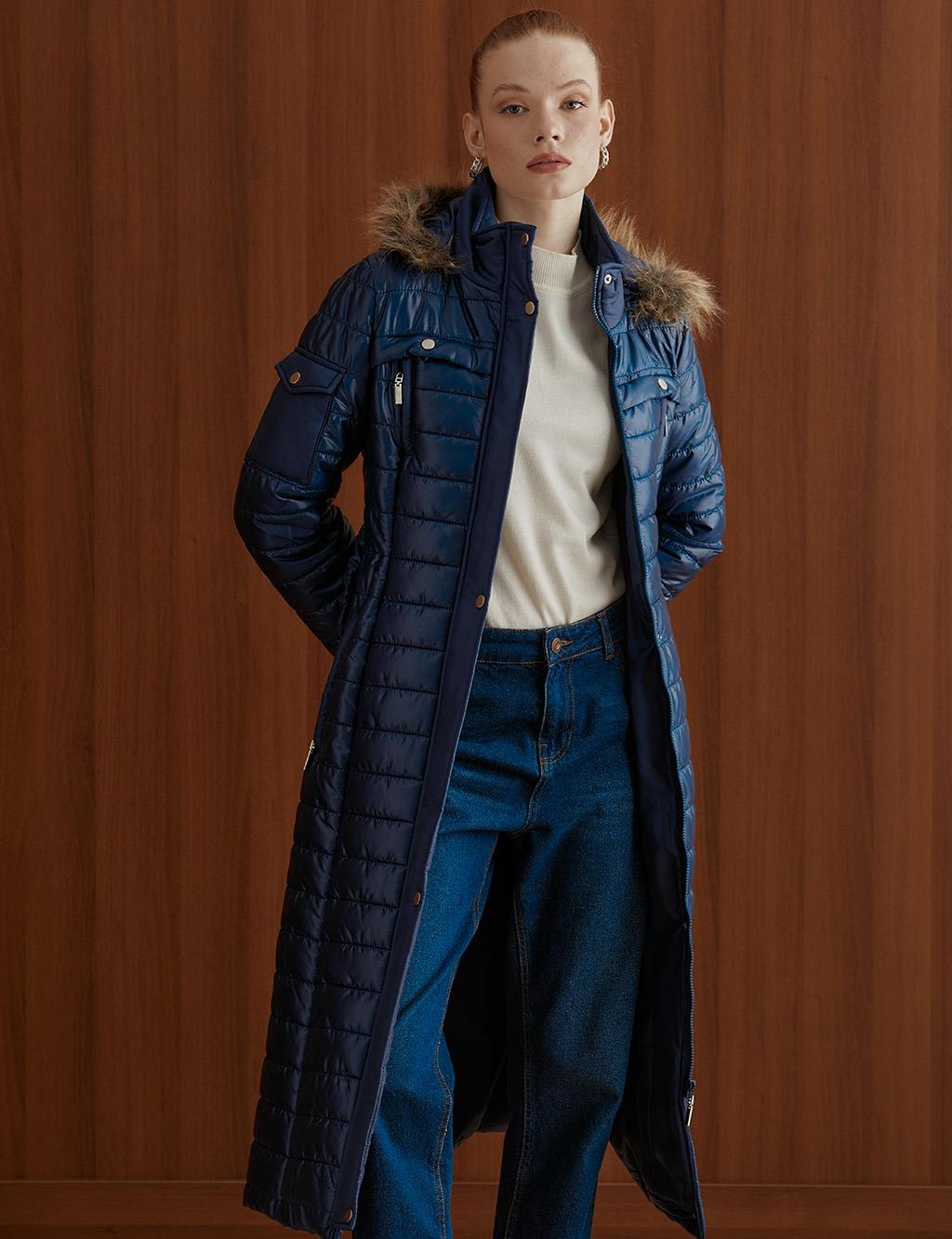 Ribbed Quilted Coat Navy