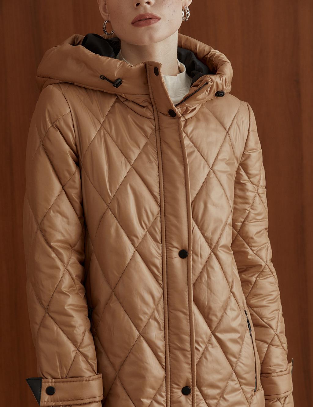 Diamond Pattern Quilted Inflatable Coat Camel