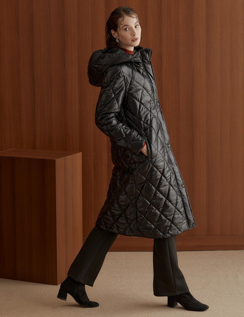 Diamond Pattern Quilted Inflatable Coat Black