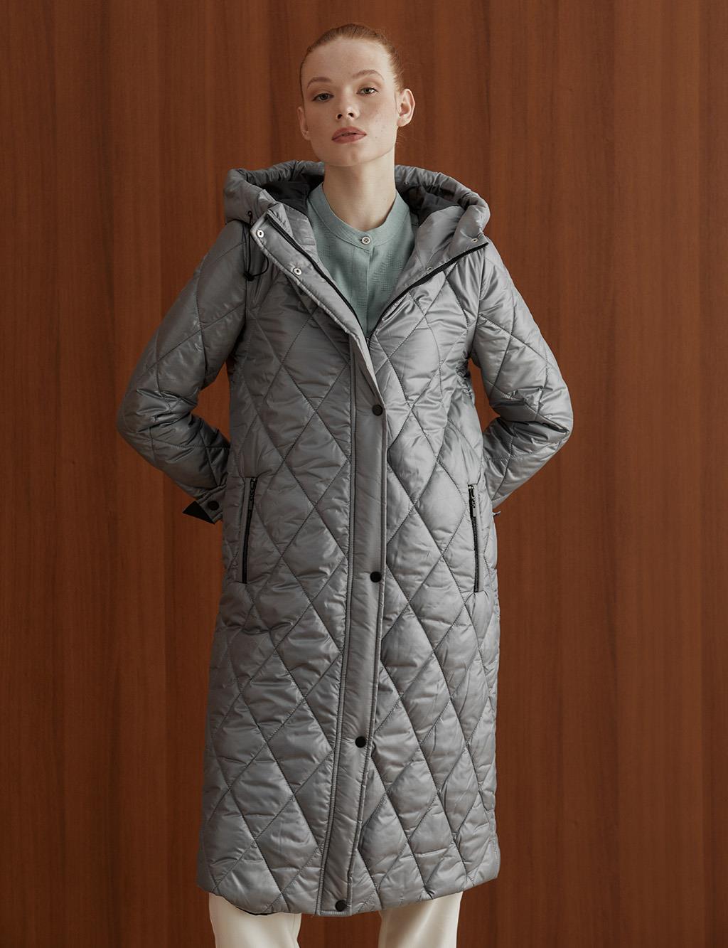 Diamond Pattern Quilted Inflatable Coat Grey