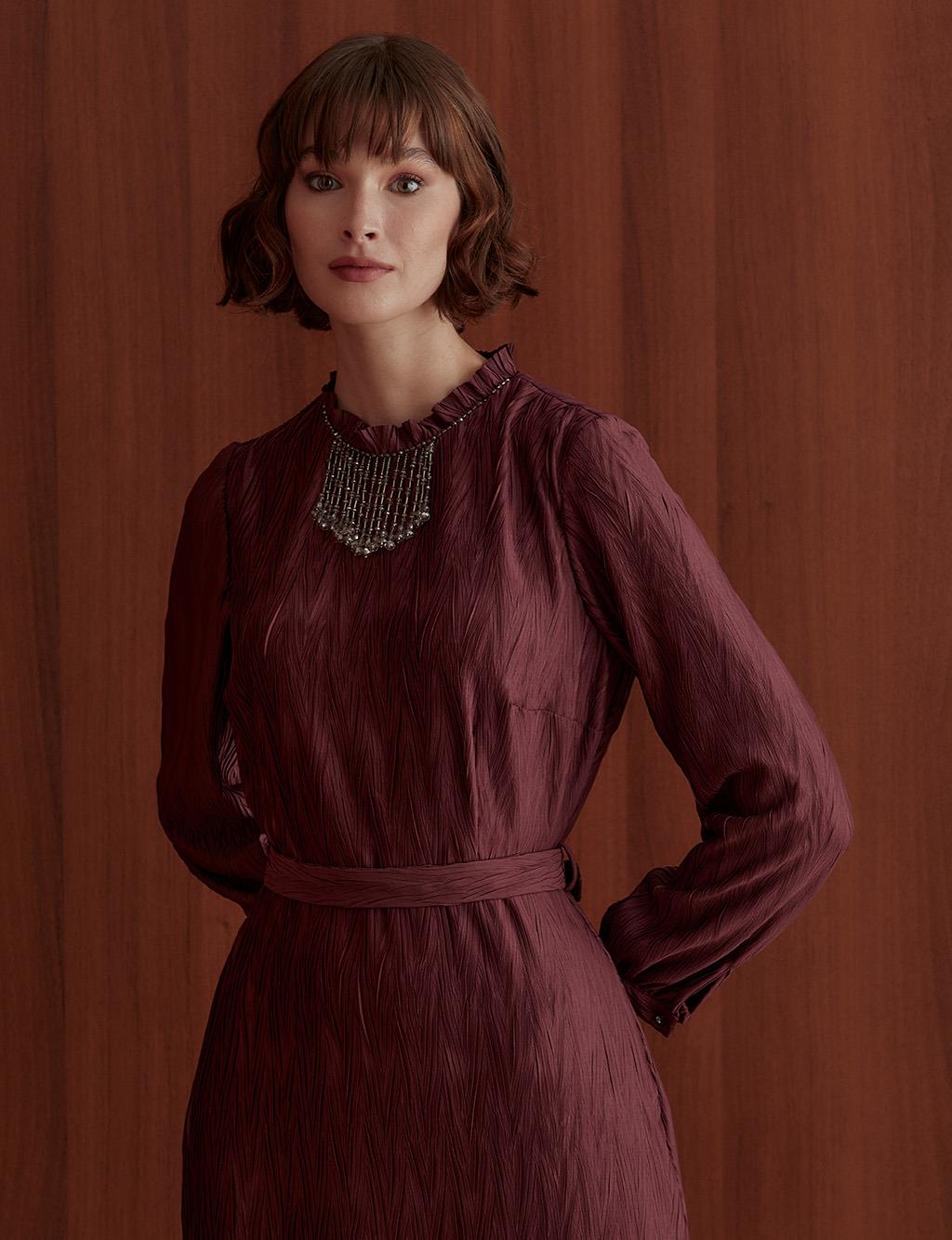 Pleated Collar Belted Long Dress Claret Red