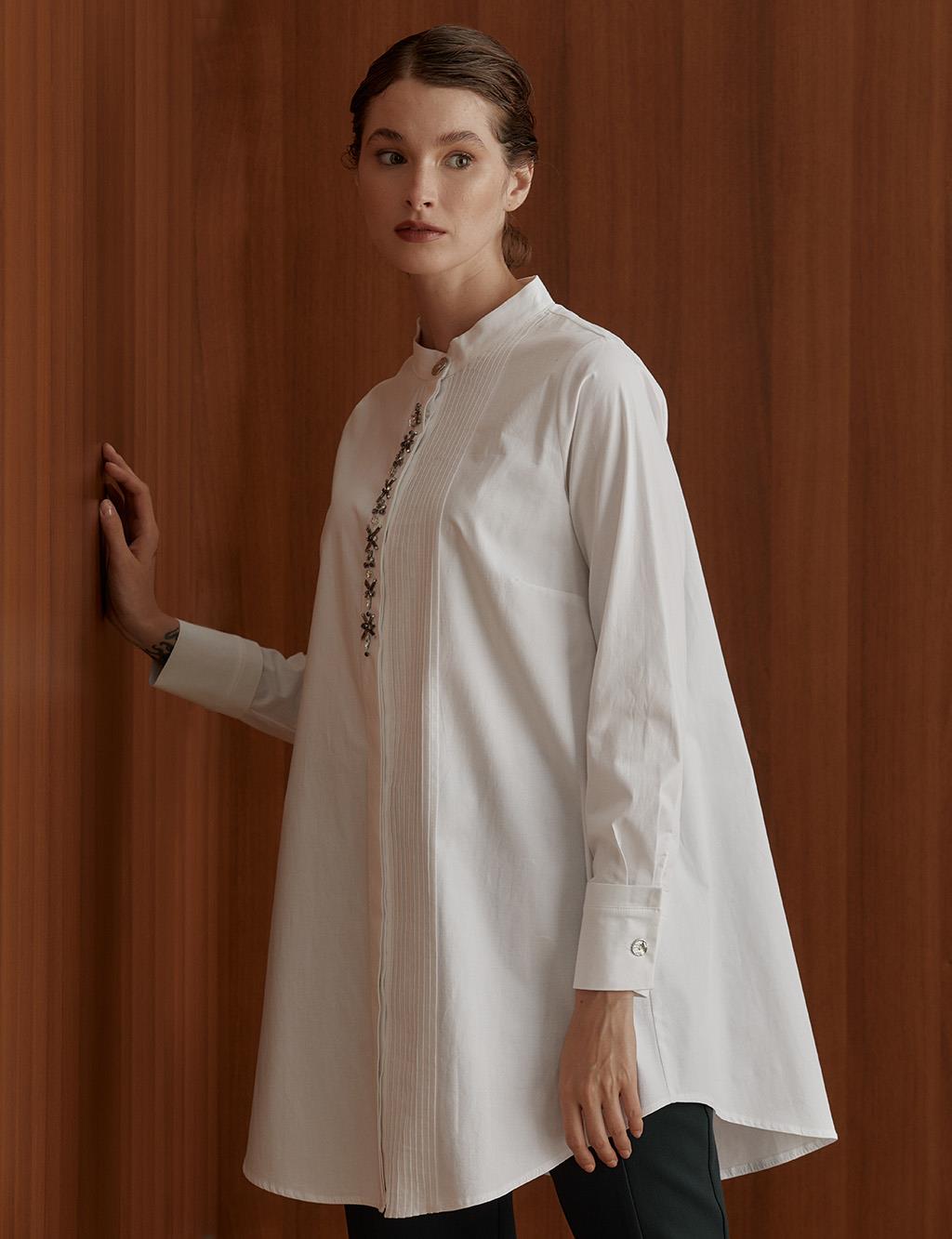 Ribbed Embroidered Grandad Collar Tunic White