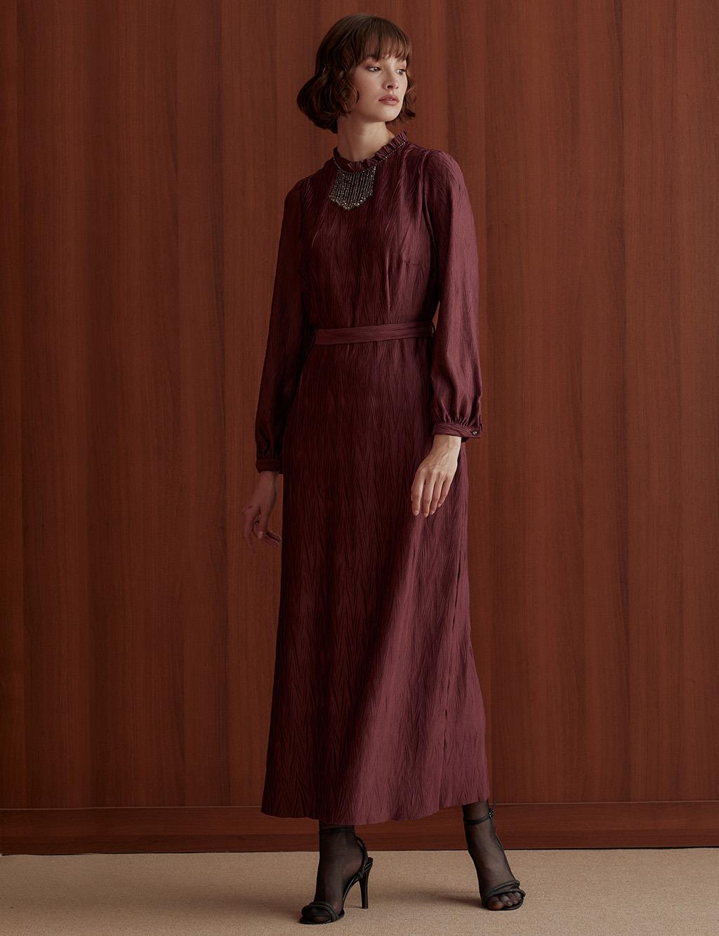 Pleated Collar Belted Long Dress Claret Red