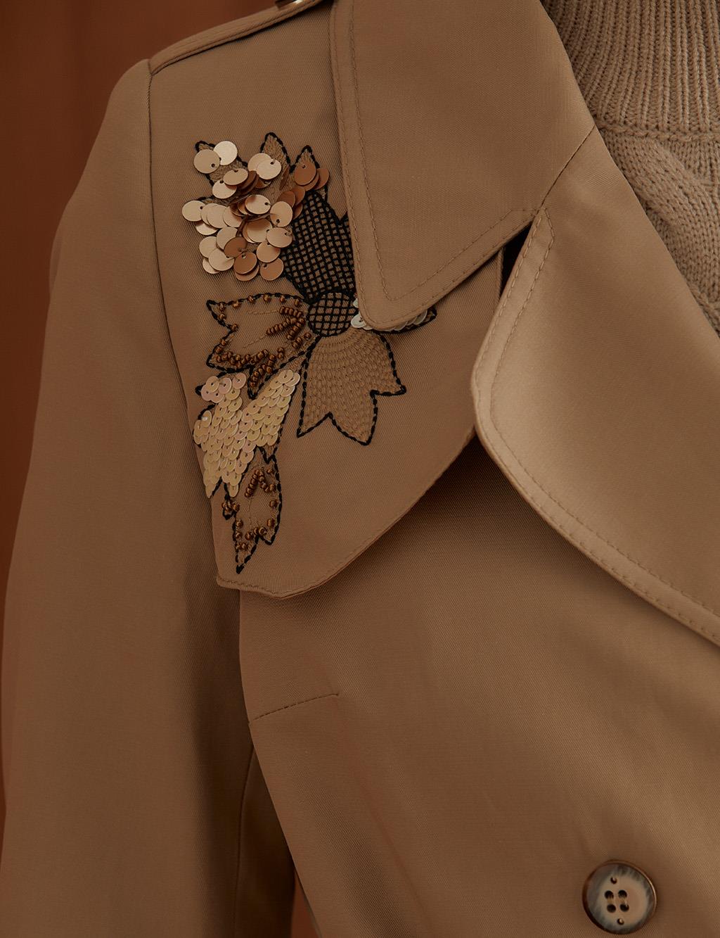 Embroidered Belted Trench Coat Beige