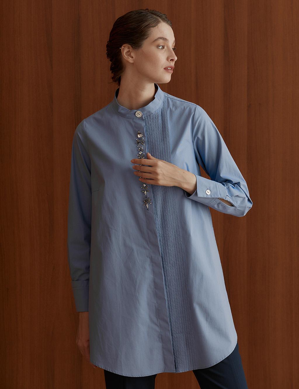 Ribbed Embroidered Grandad Collar Tunic Sky Blue