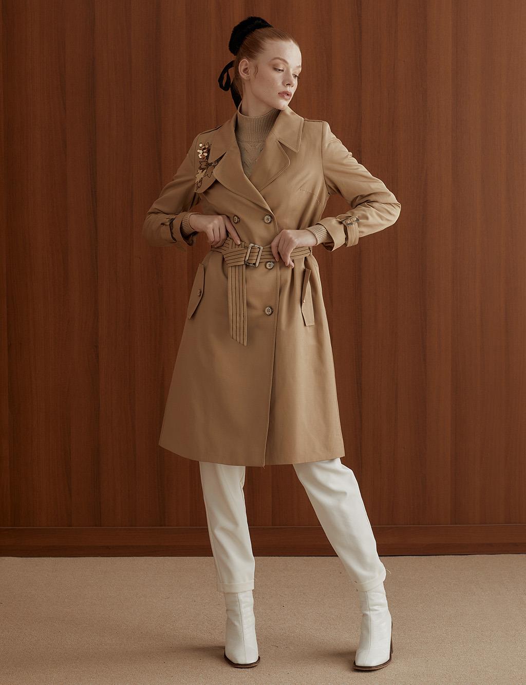 Embroidered Belted Trench Coat Beige