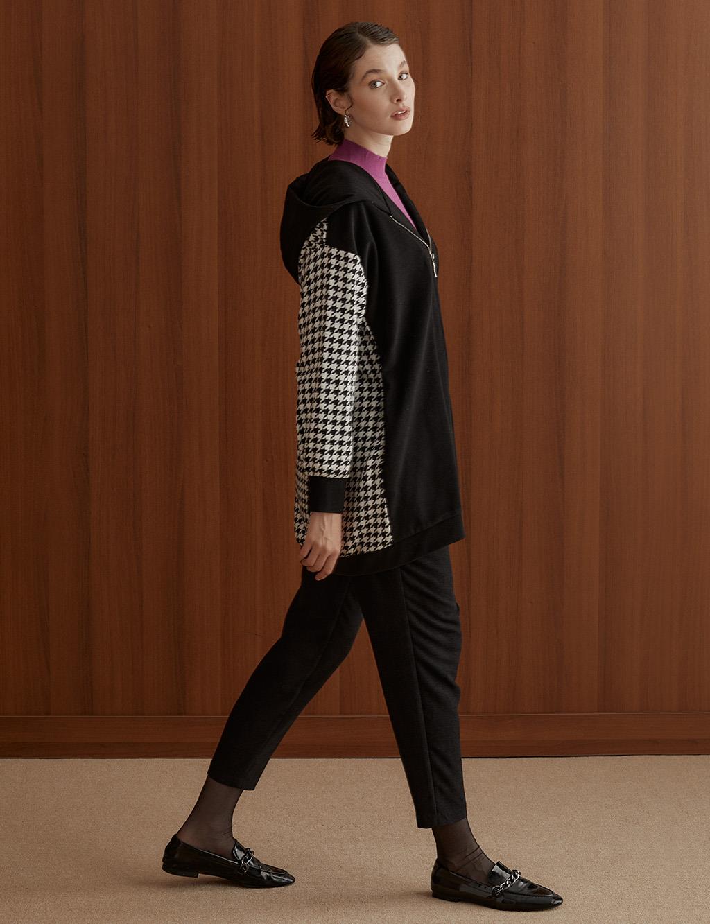 Houndstooth Patterned Ribbed Jacket Black