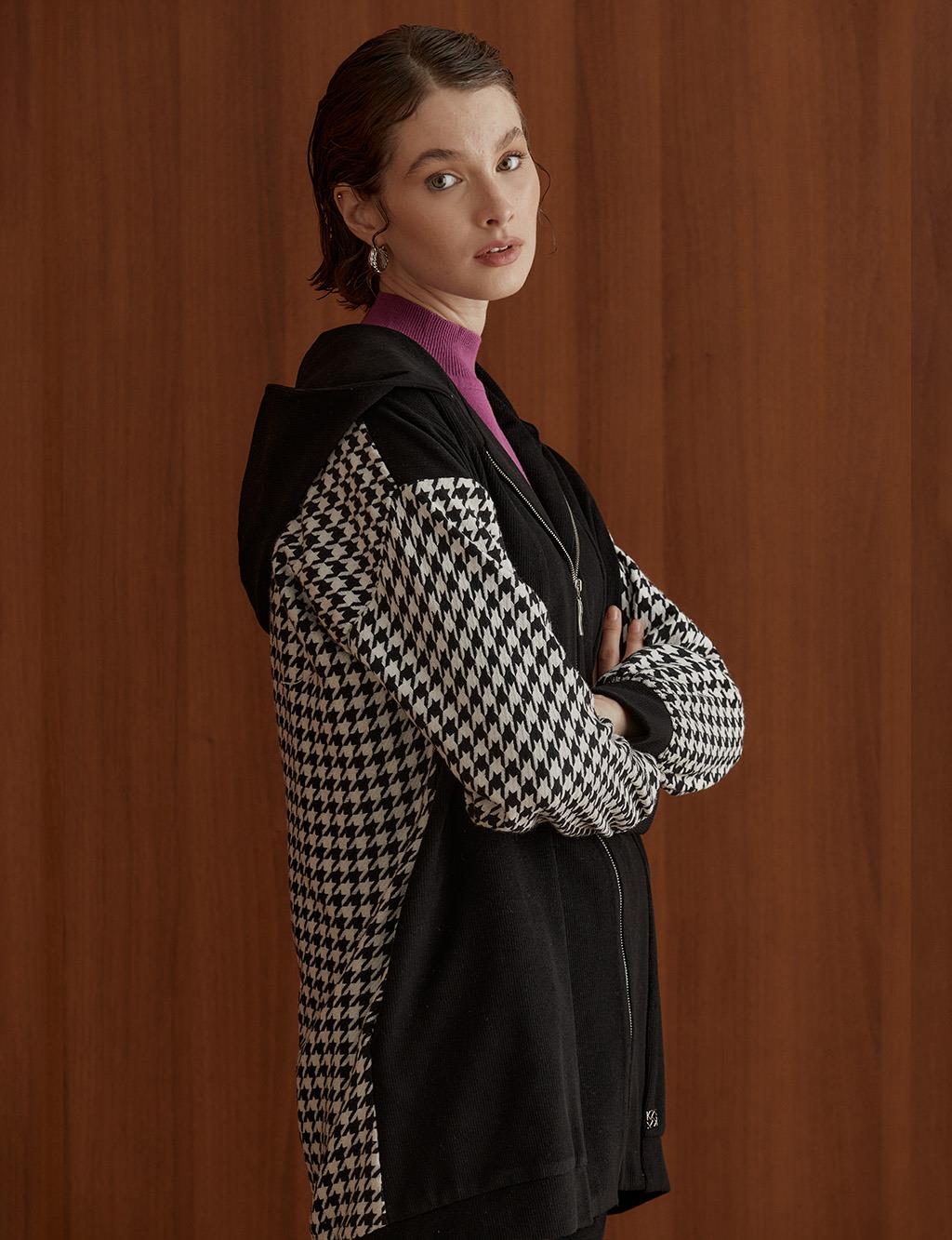 Houndstooth Patterned Ribbed Jacket Black