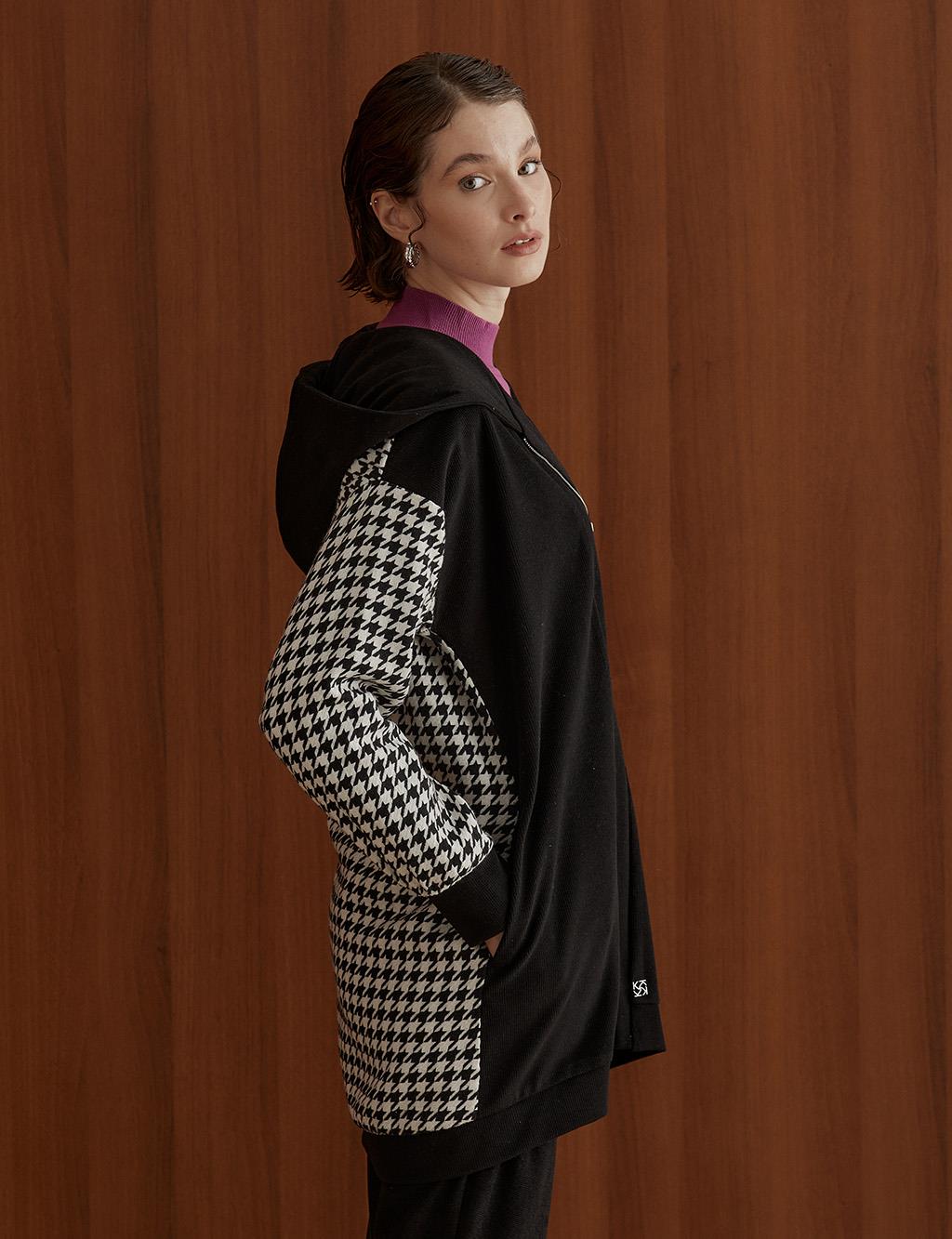 Houndstooth Patterned Ribbed Jacket Black