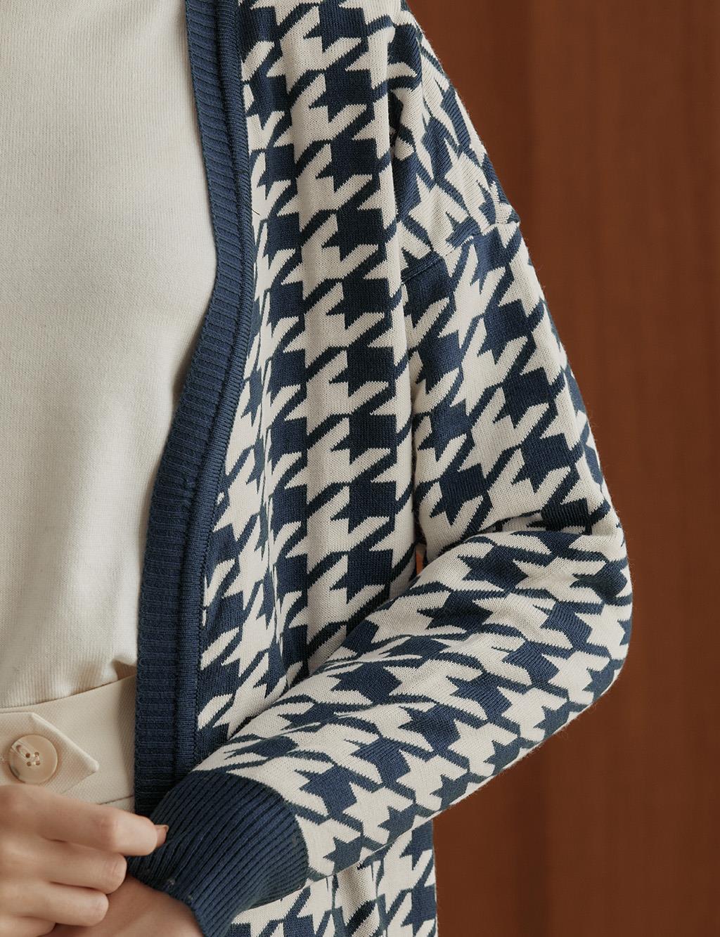 Houndstooth Pattern Long Knitwear Cardigan Indigo