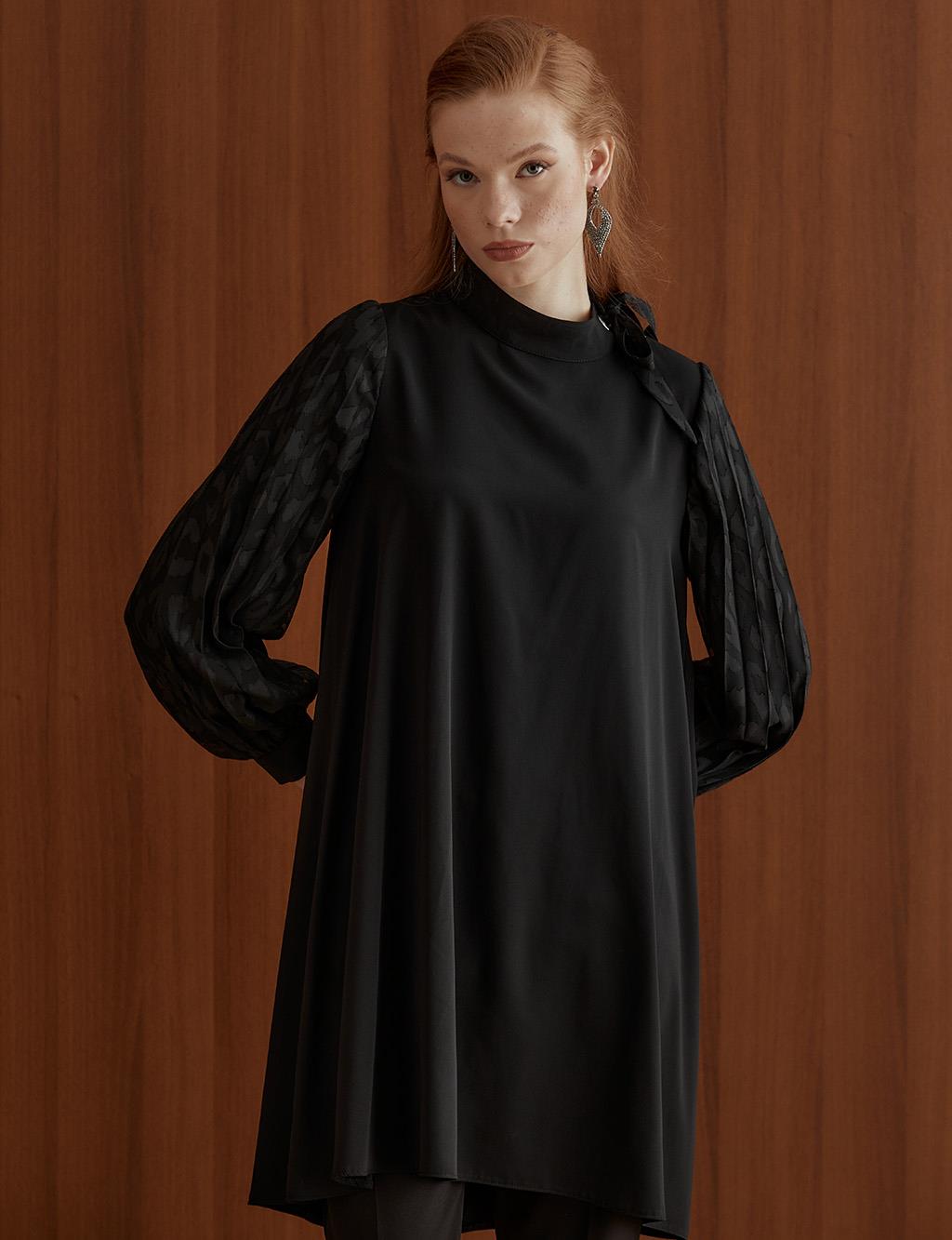 Sleeves Pleated Grandad Collar Tunic Black