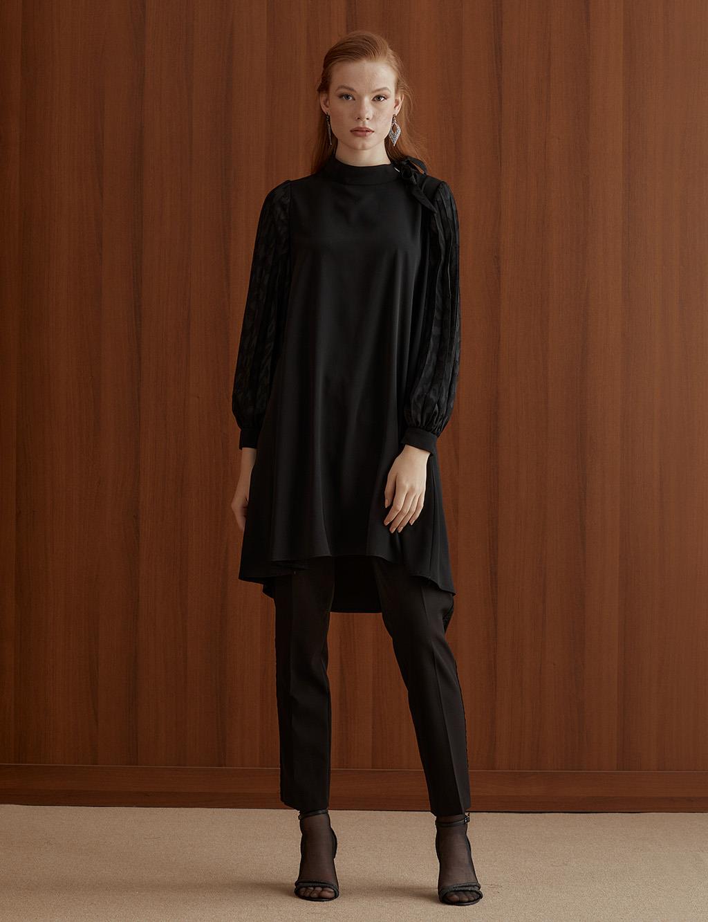 Sleeves Pleated Grandad Collar Tunic Black